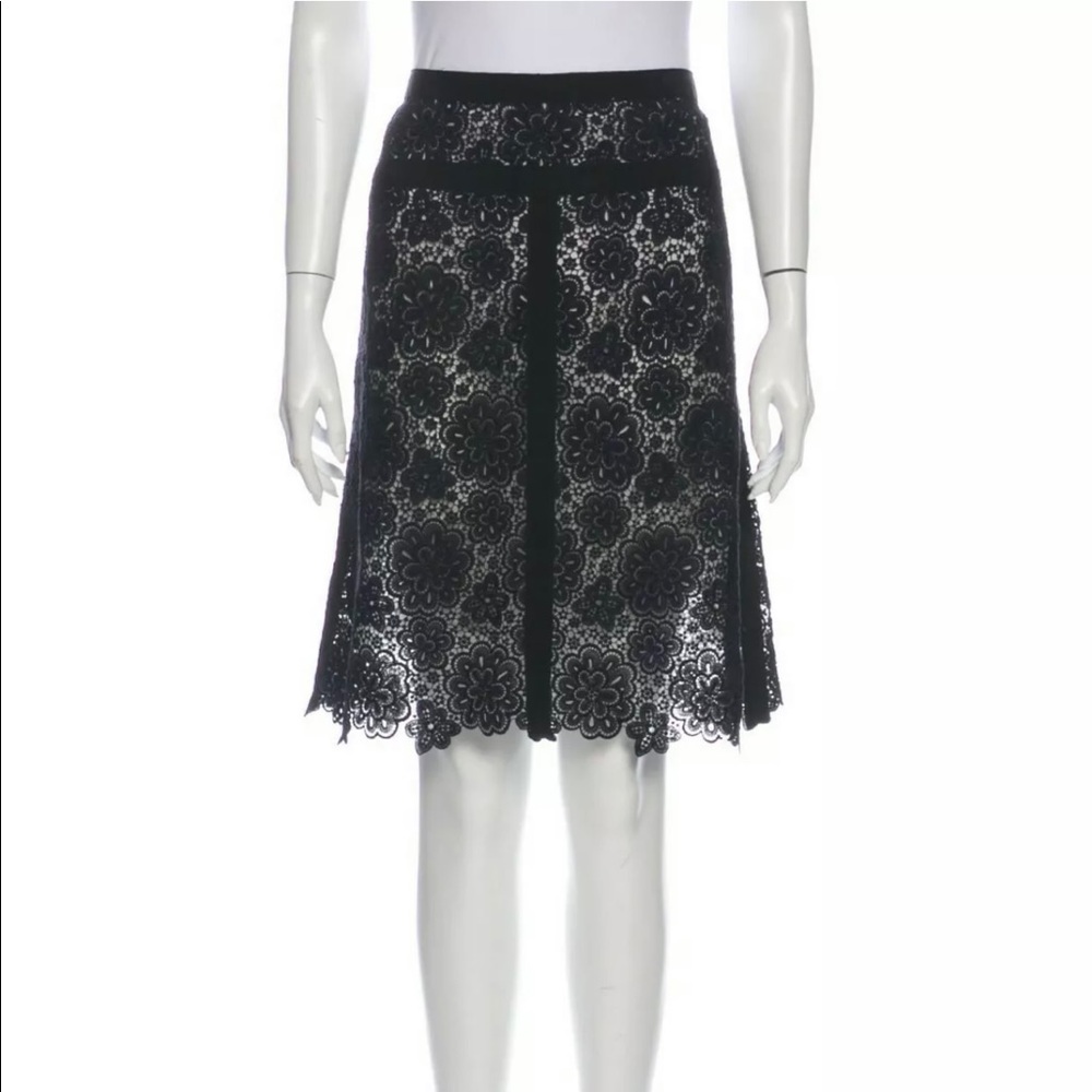 Chanel Black LACE Camellia Skirt Beige Silk lining  Size FR 44